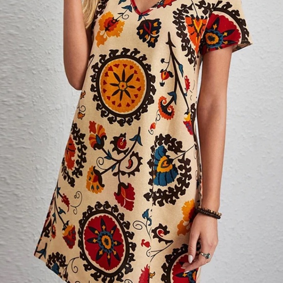 Private Label Dresses & Skirts - Retro Print Mini Dress Bohemian Printed Dress